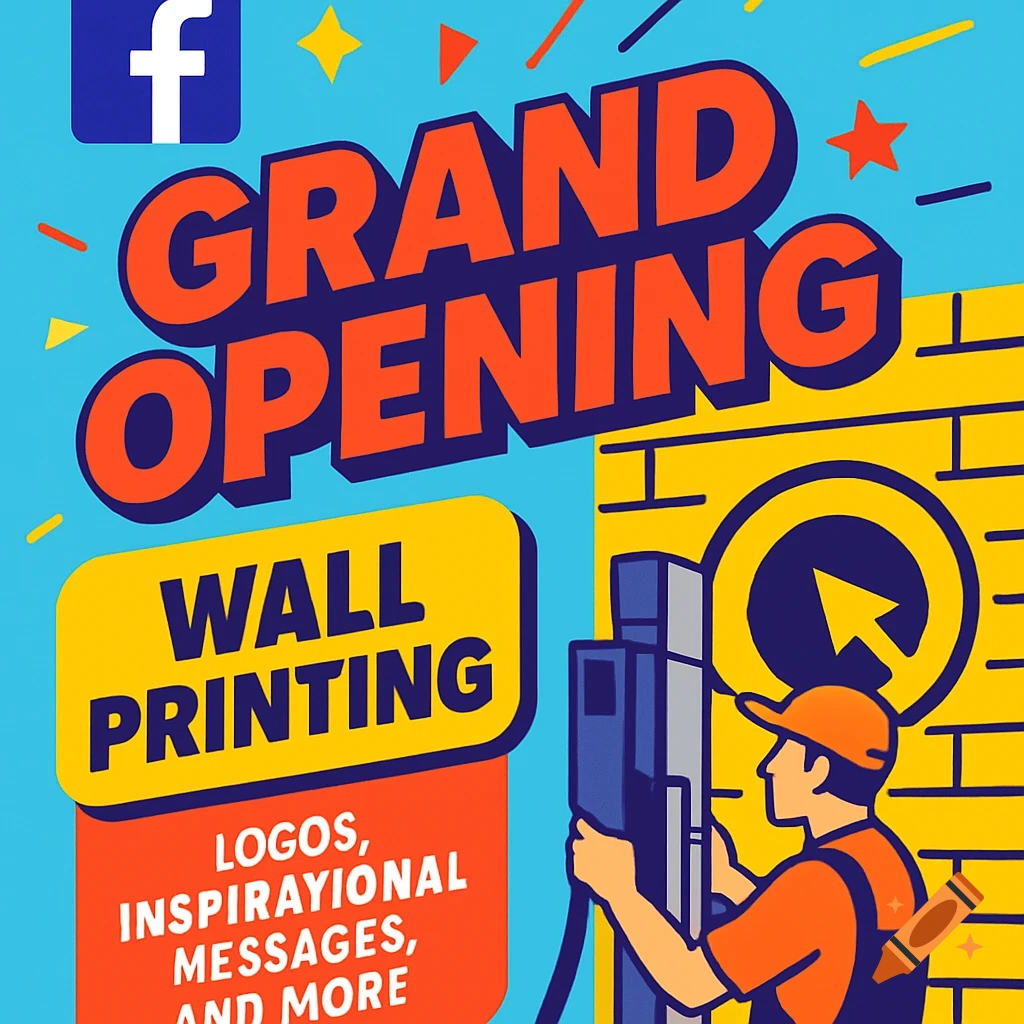 Illustration of a bold, colorful ad for 'Grand Opening Wall Printing' featuring text, a worker, and a Facebook logo.