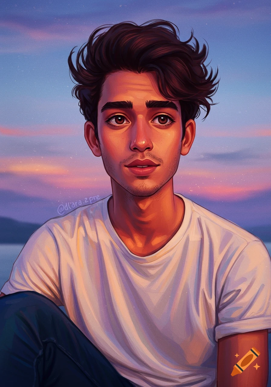 Stylized portrait of a young man outdoors at sunset.