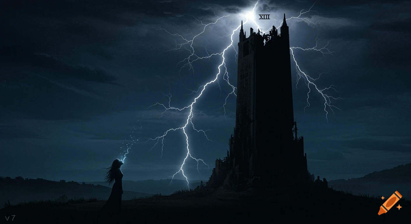 A dark fantasy image of a figure evoking energy towards a tall tower being struck by lightning under a stormy sky. Based on The Tower tarot card.