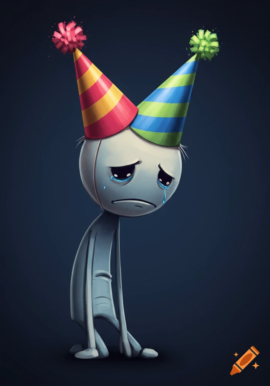 A sad, stylized blob-like character wearing two colorful party hats and crying.