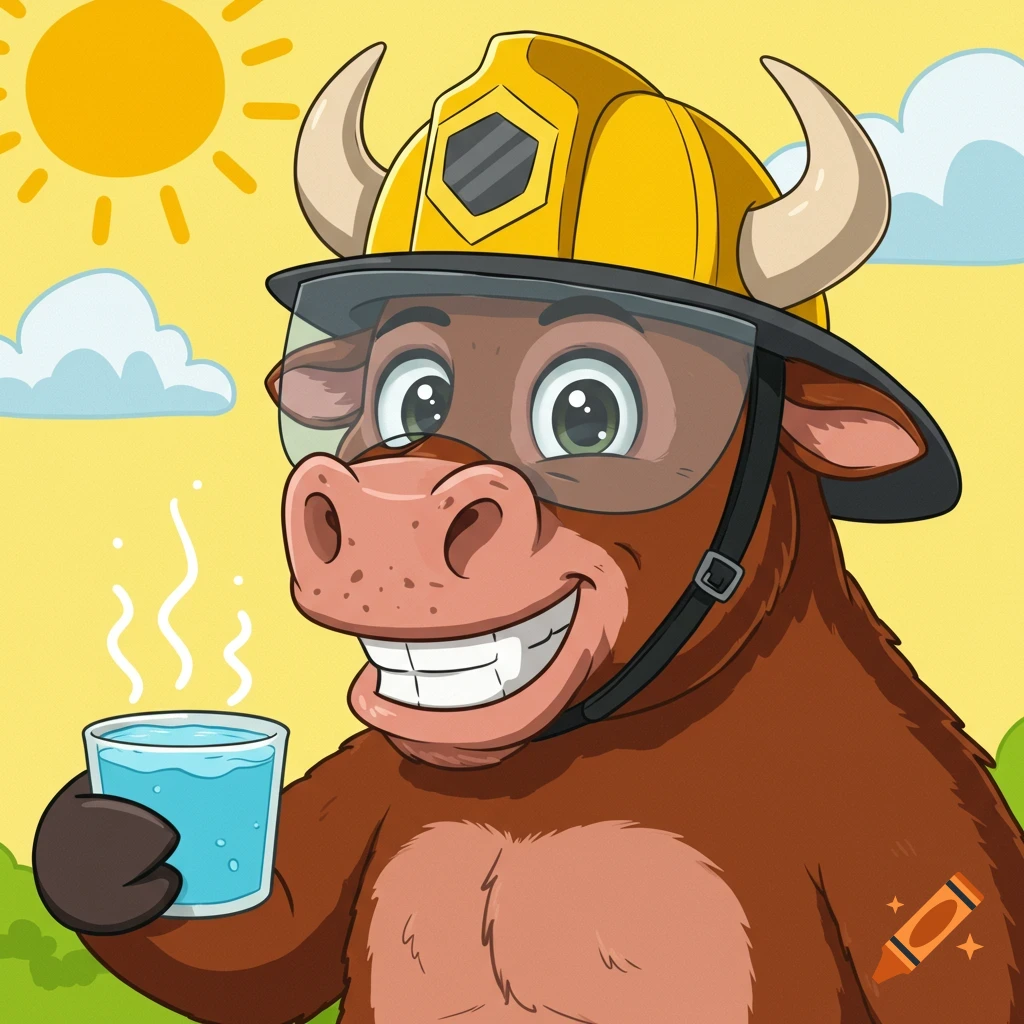 A cartoon bull wearing a yellow firefighter helmet holds a glass of water.