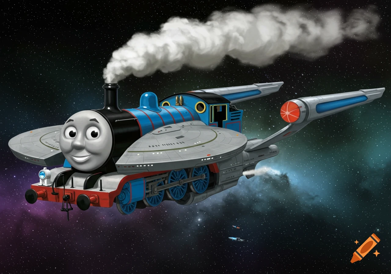 Thomas the Tank Engine as the Starship Enterprise flies through space.