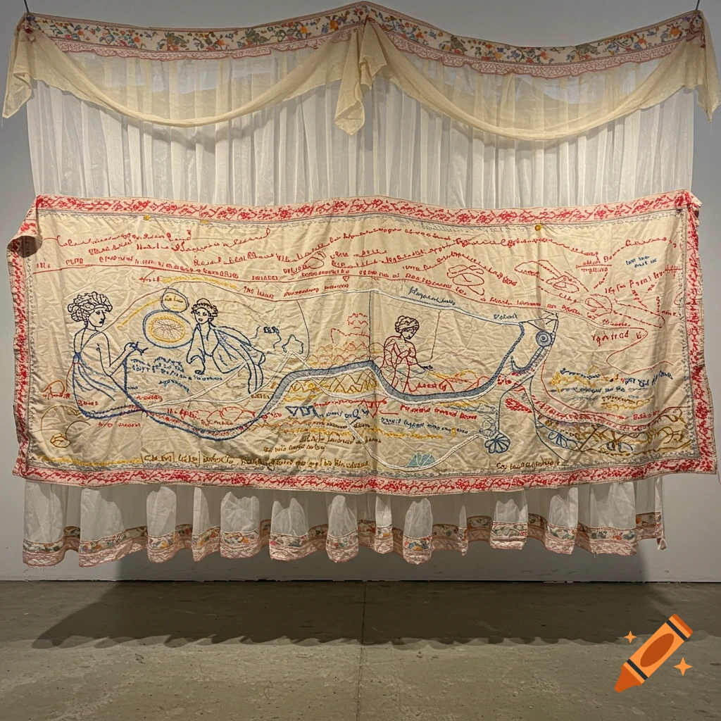 Textile installation with embroidered figures and text, draped fabric on a wall