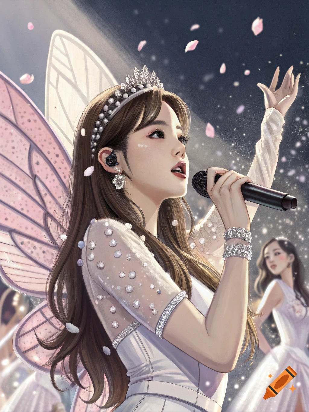 A woman with fairy wings and a crown sings into a microphone on stage with petals falling.