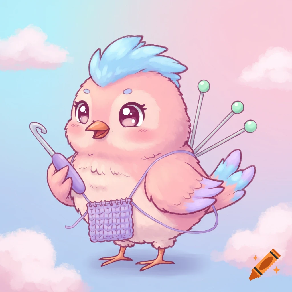 Cute pastel cartoon bird holding a crochet hook with knitting needles behind it in a cloudy sky.