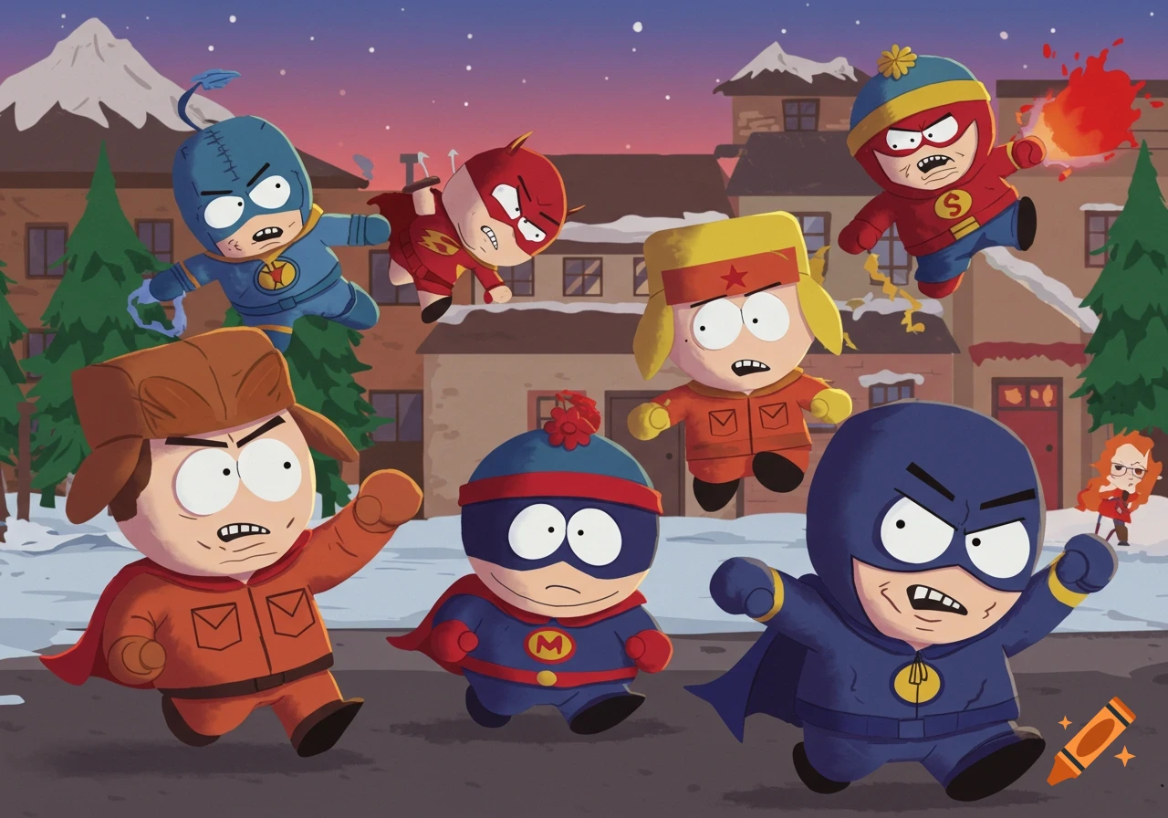 South Park characters dressed as superheroes run through a snowy town street in a cartoon style.