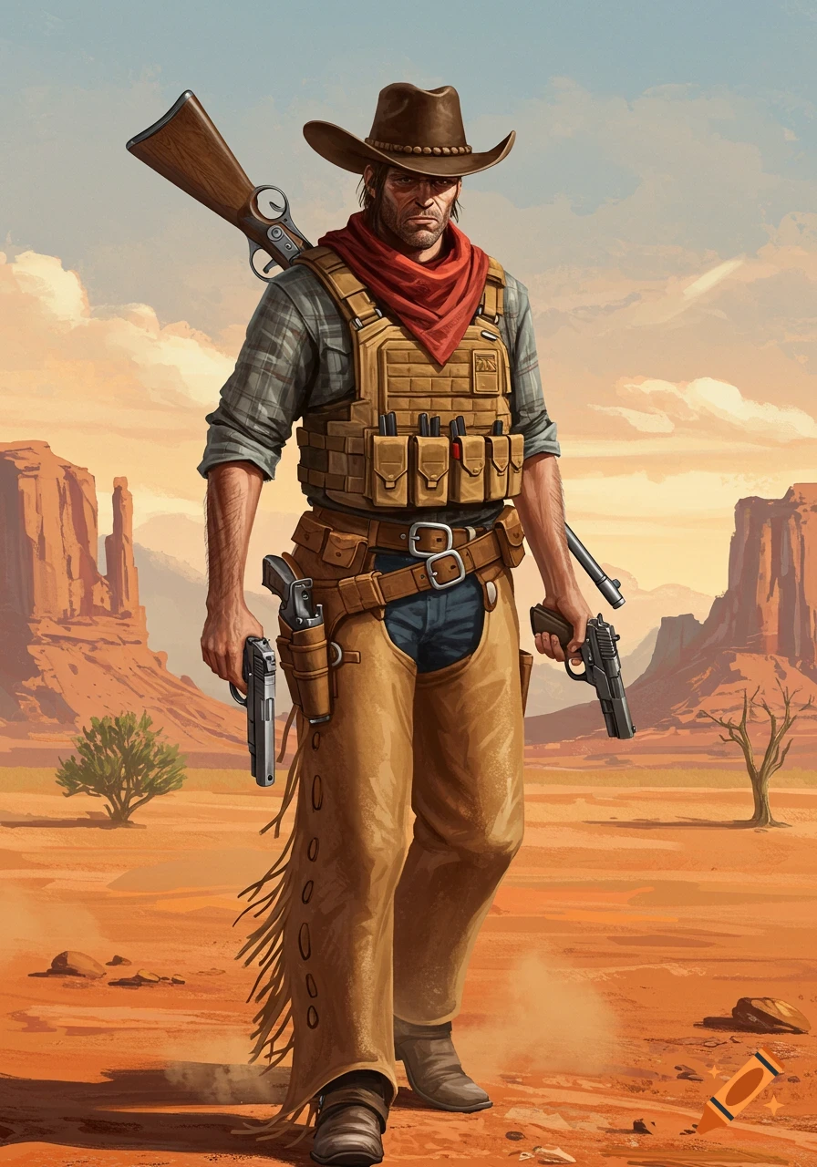 Illustration of a tactical cowboy holding two pistols in a desert landscape.