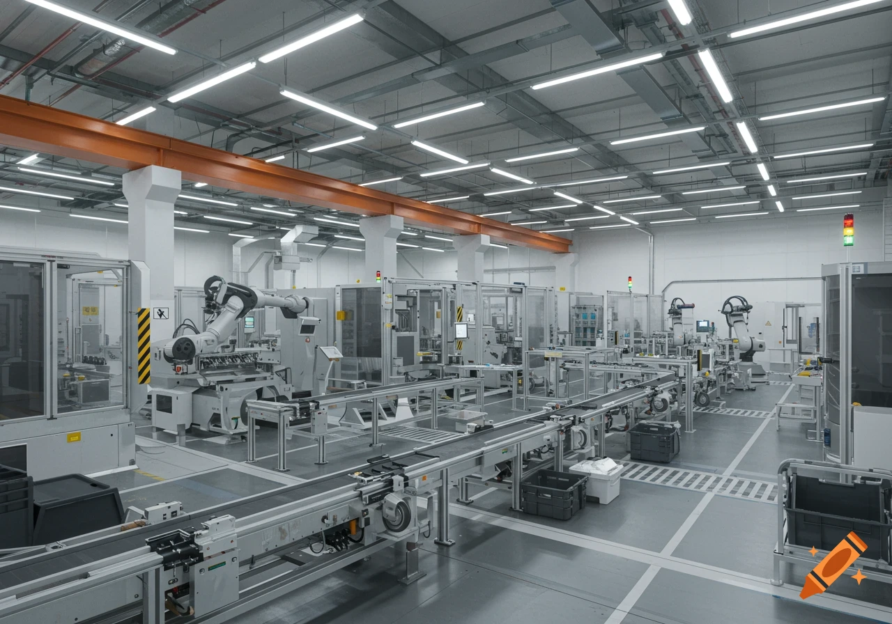 Realistic photo of a modern factory interior with robotic arms and conveyor belts.