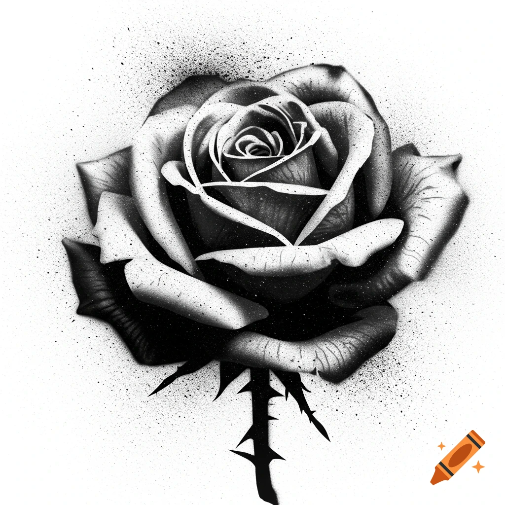 Black and white spray paint stencil of a blooming rose.