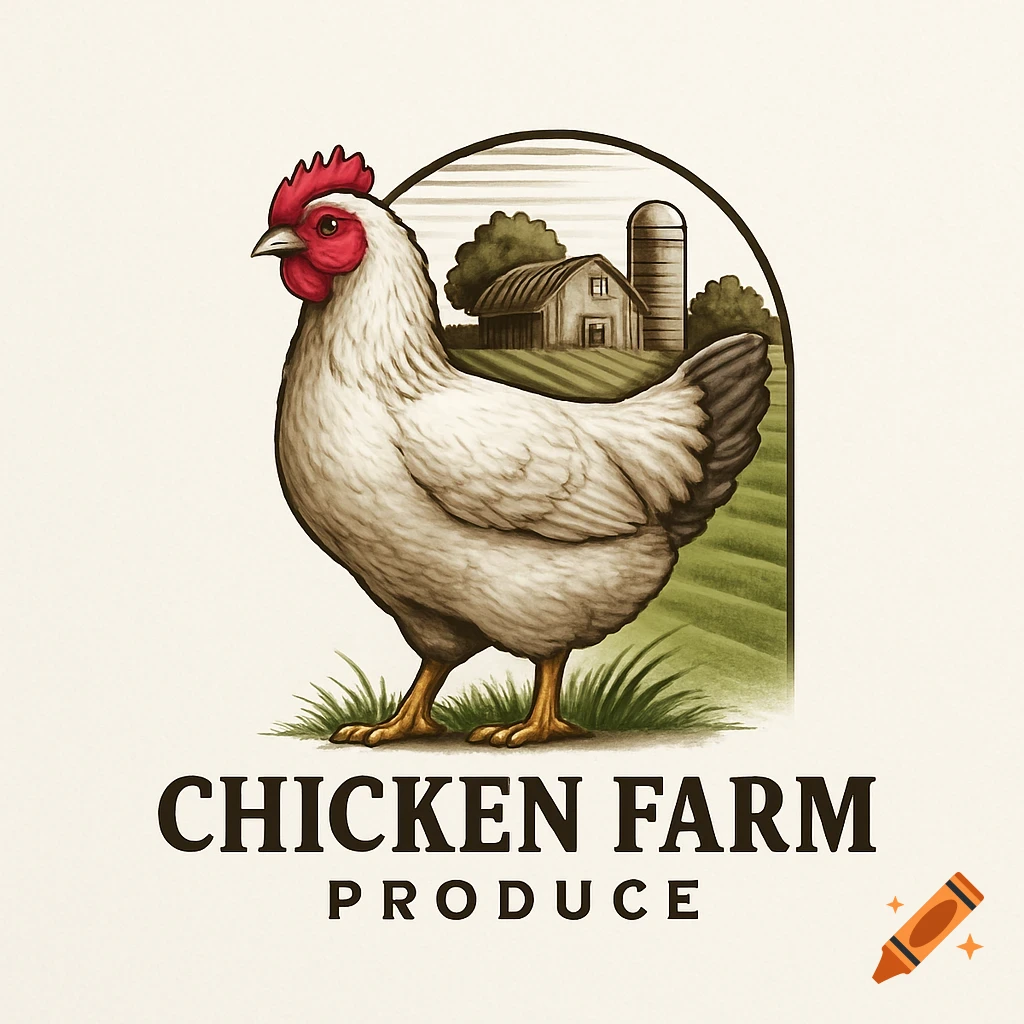 Logo for a chicken farm with a chicken in front of a barn and silo.