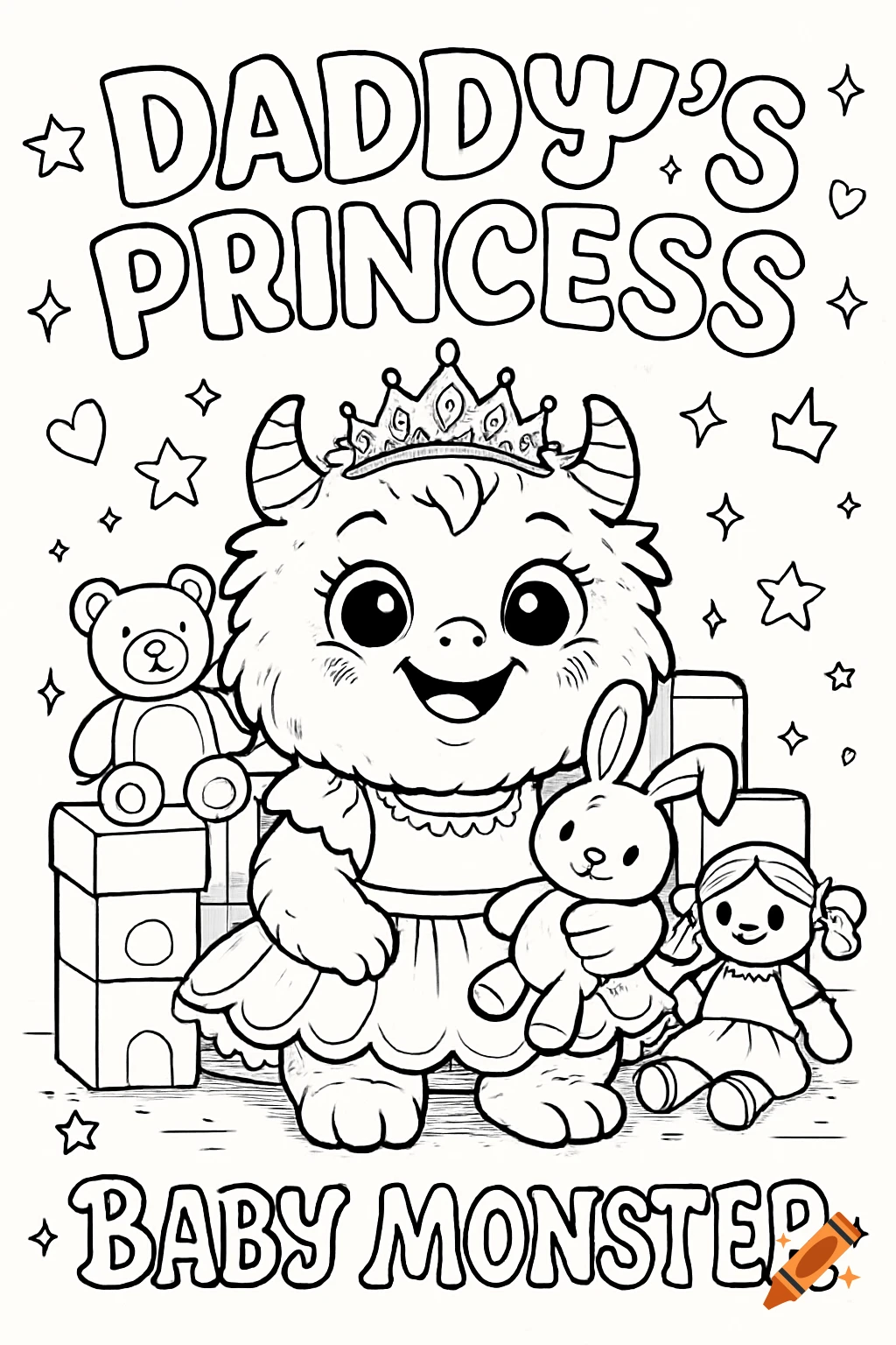 Black and white coloring page of a cute baby monster in a tiara and dress, holding a bunny toy, with text "Daddy's Princess Baby Monster."