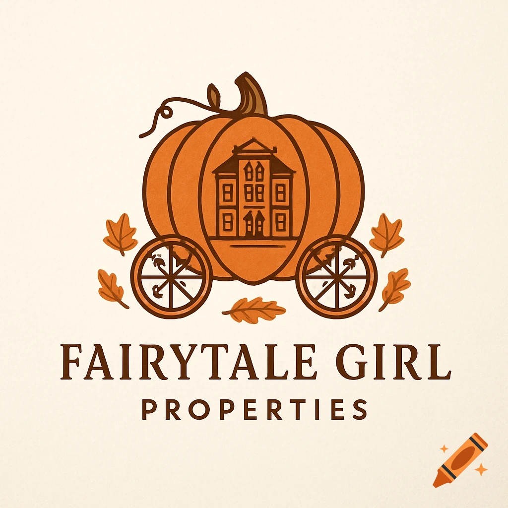 Logo of a pumpkin carriage with a house inside, surrounded by fall leaves and text 'Fairytale Girl Properties'.