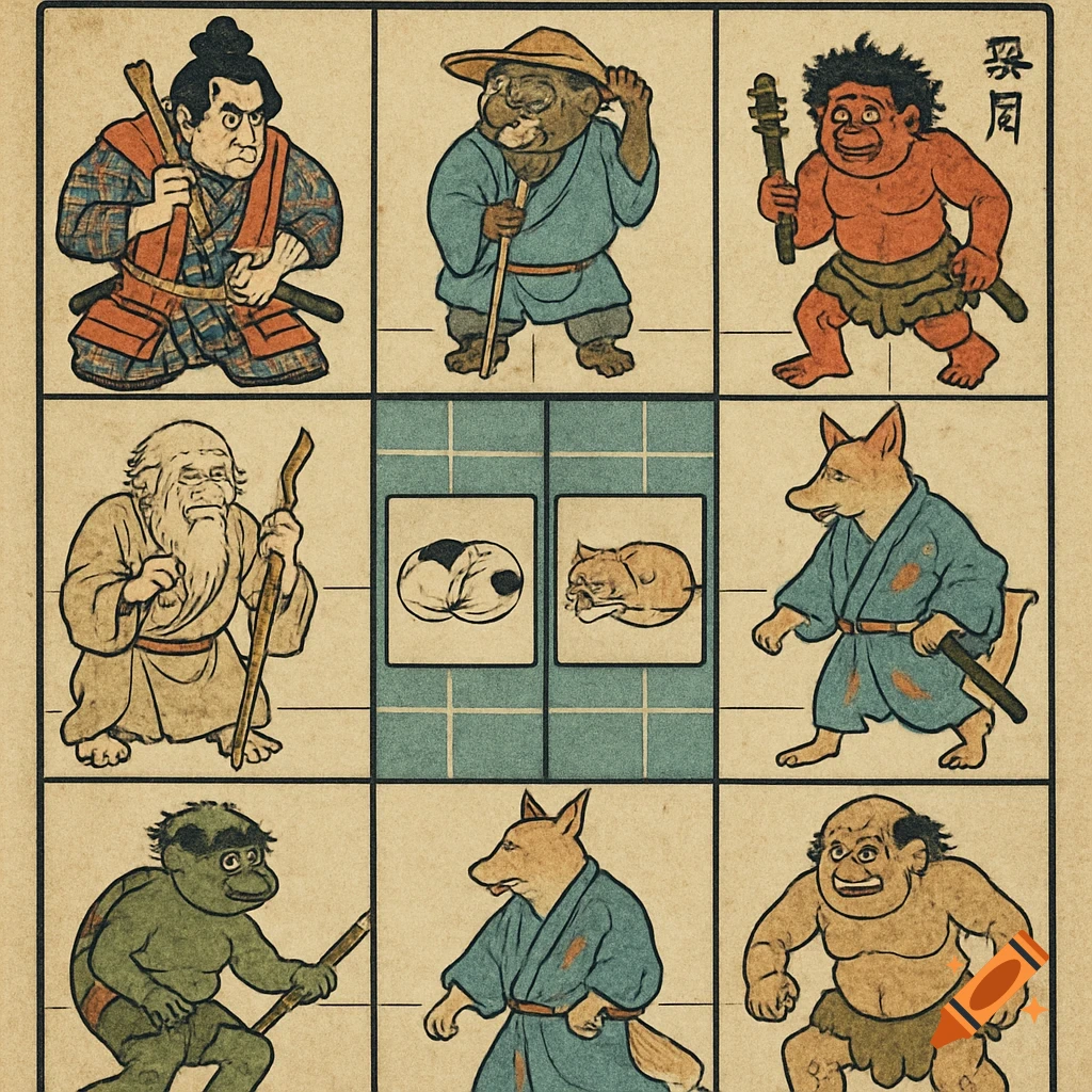 A grid of nine panels featuring stylized Japanese woodblock print characters and two cat drawings.