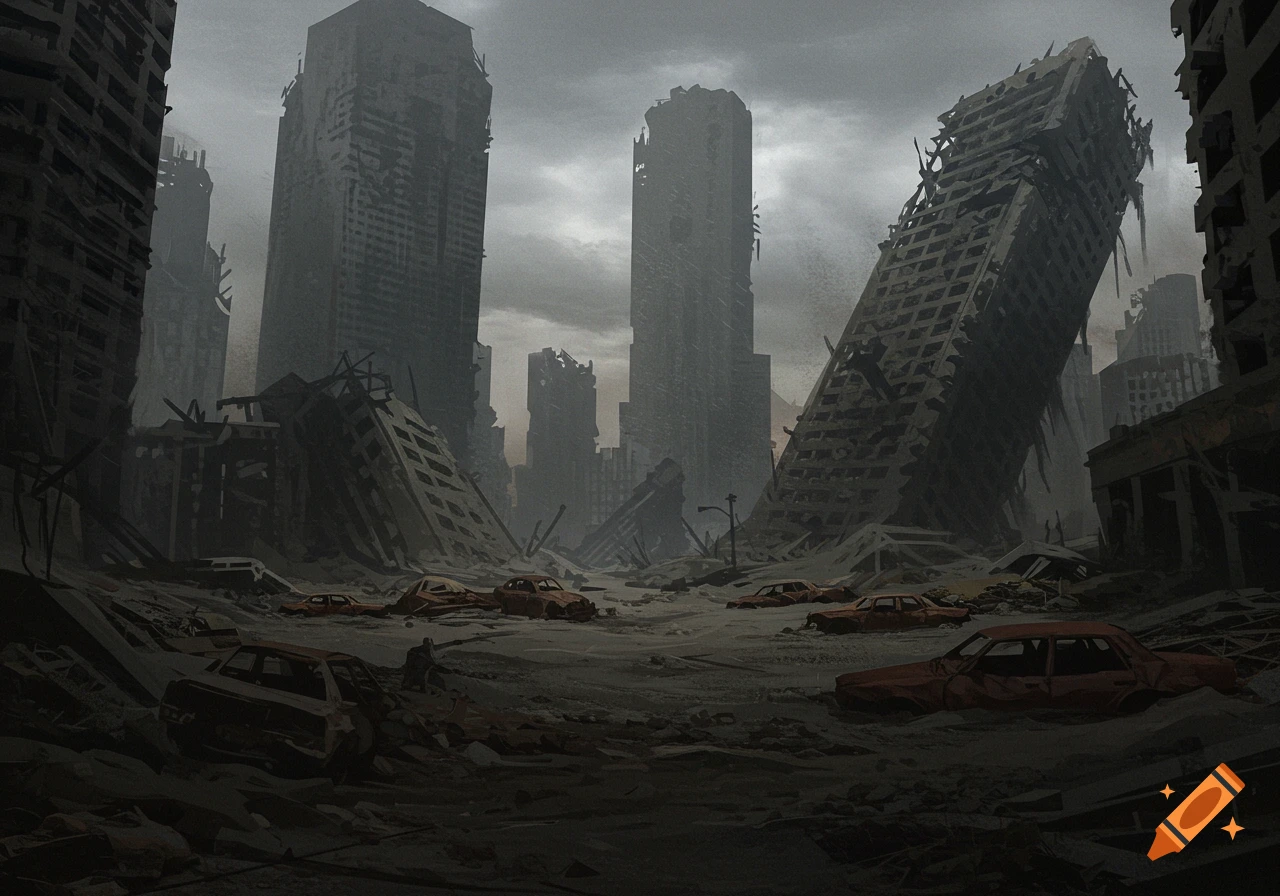 Apocalyptic cityscape with collapsed buildings, abandoned cars, and dusty grey sky.