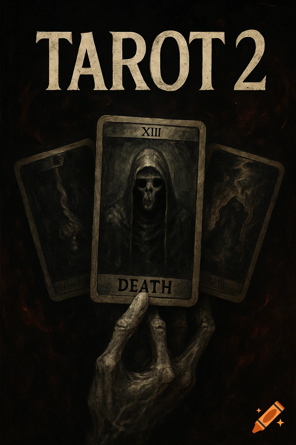 A skeletal hand holds three dark tarot cards. The center card shows a hooded skeleton and the word DEATH. The text 'TAROT 2' is at the top.