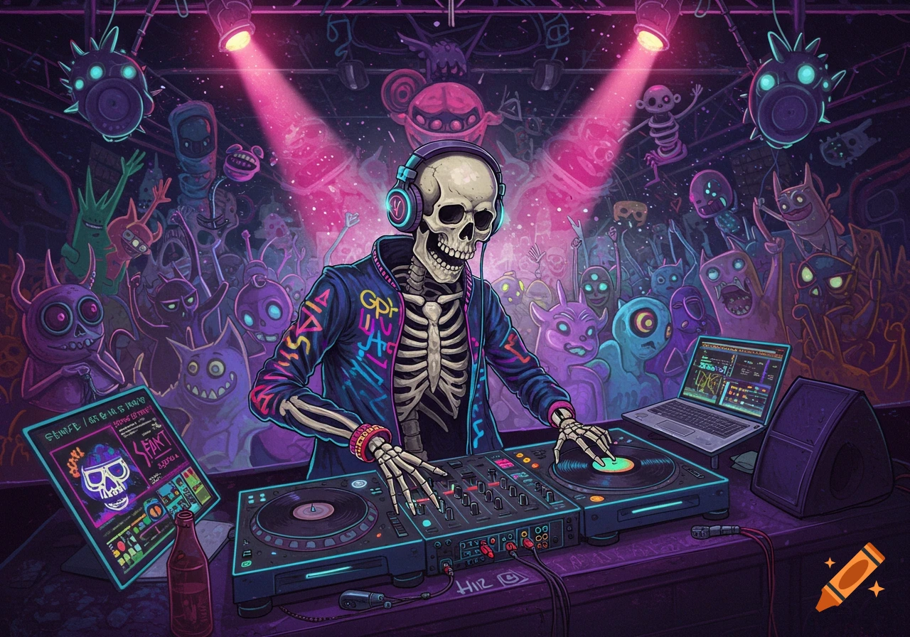 A skeleton DJ plays music on turntables at a neon-lit party filled with dancing cartoon monsters.