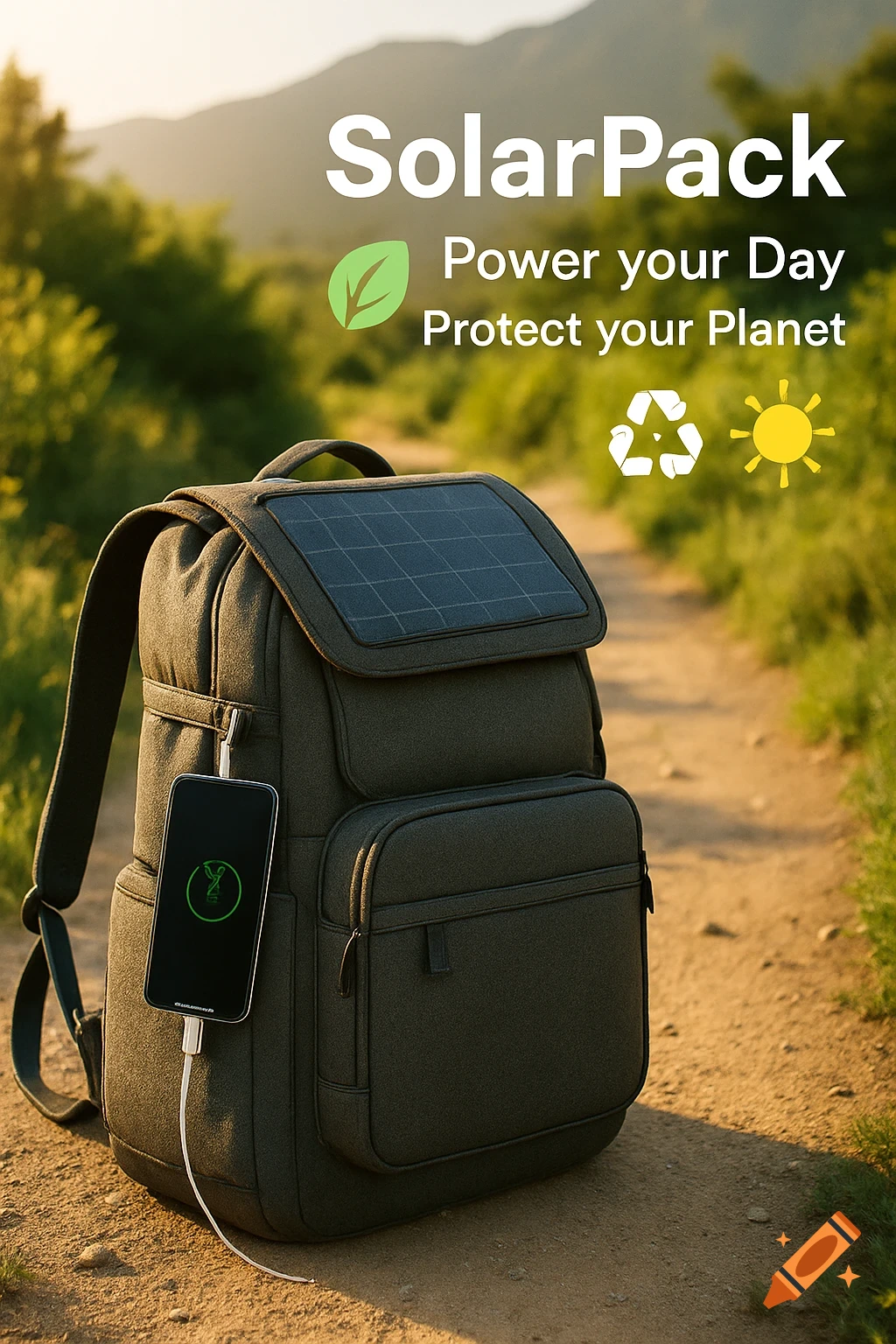 A solar backpack on a hiking trail with text 'SolarPack – Power your Day - Protect your Planet' and eco icons.