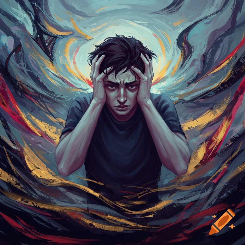 Painterly illustration of a man holding his head, surrounded by abstract, swirling lines and colors.