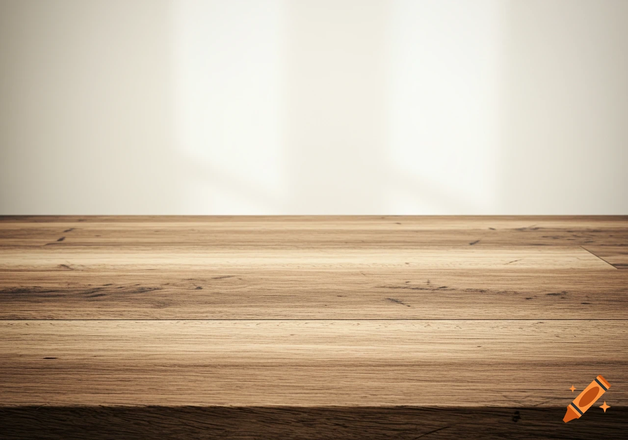 Empty wooden table surface with a blurry background.