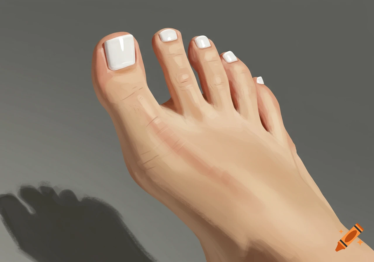 Close-up of a human foot with white painted toenails against a grey background in a painted style.