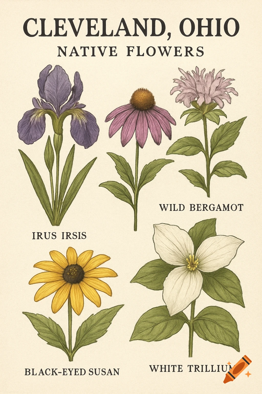 Vintage style illustration of several native flowers from Cleveland, Ohio with labels.