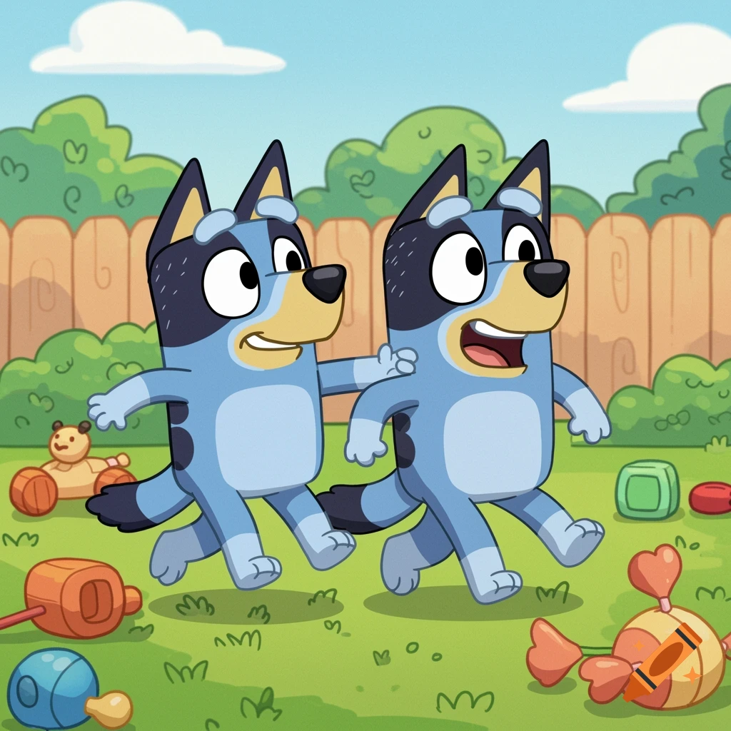 Two cartoon blue dogs resembling Bluey and Bingo running in a backyard with toys.