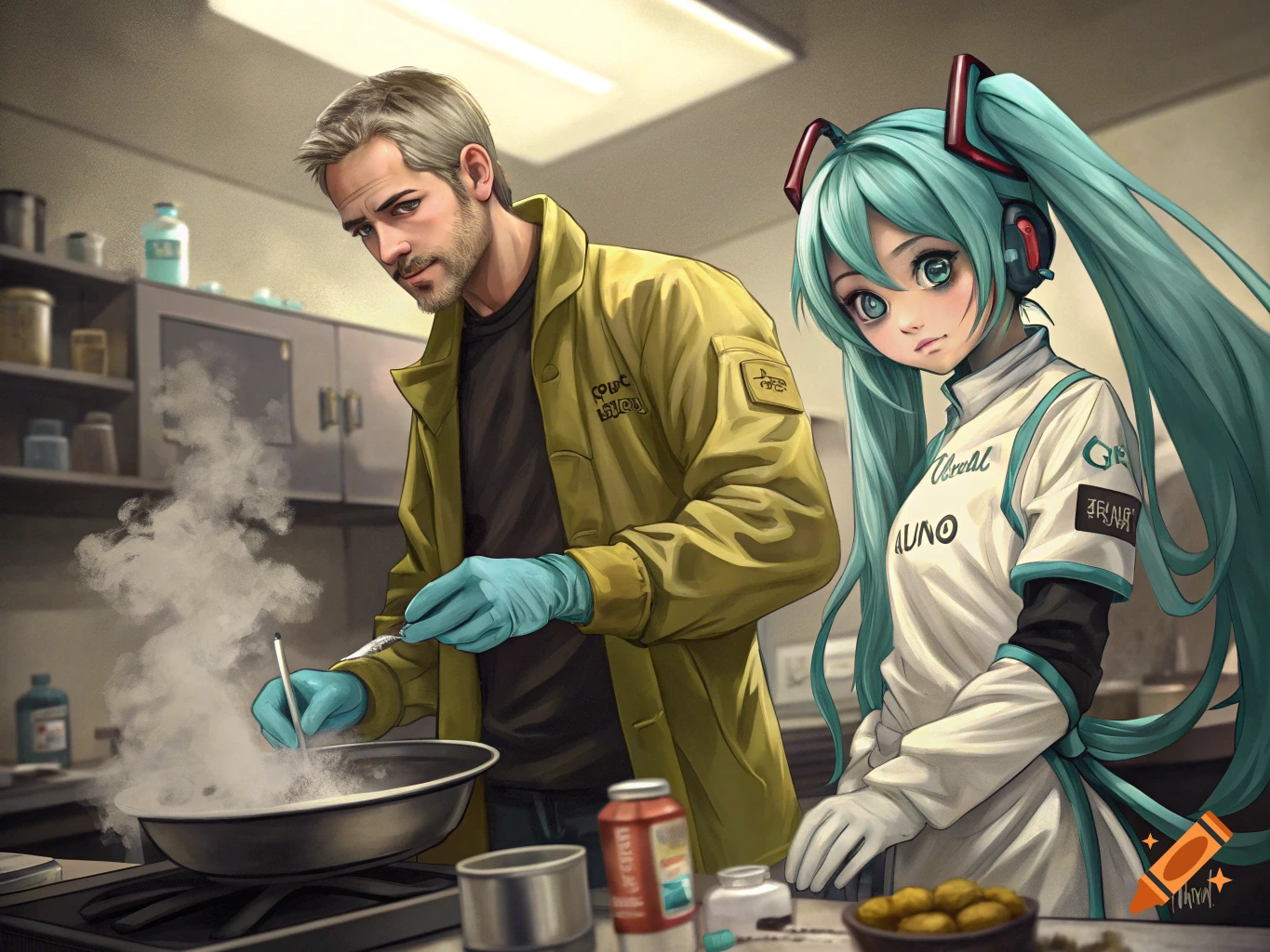 Stylized illustration of a man and Hatsune Miku cooking in a kitchen or lab setting.