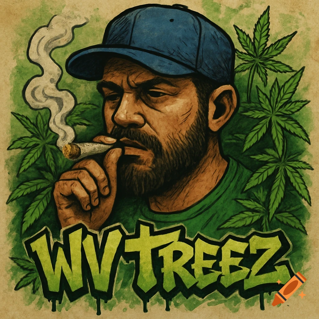 Illustration of a man smoking a joint, surrounded by cannabis leaves, with "WV TREEZ" graffiti below.