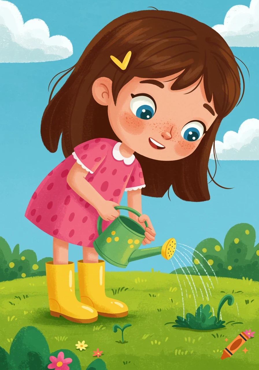 Cartoon girl waters a plant in a grassy field, kids book illustration style