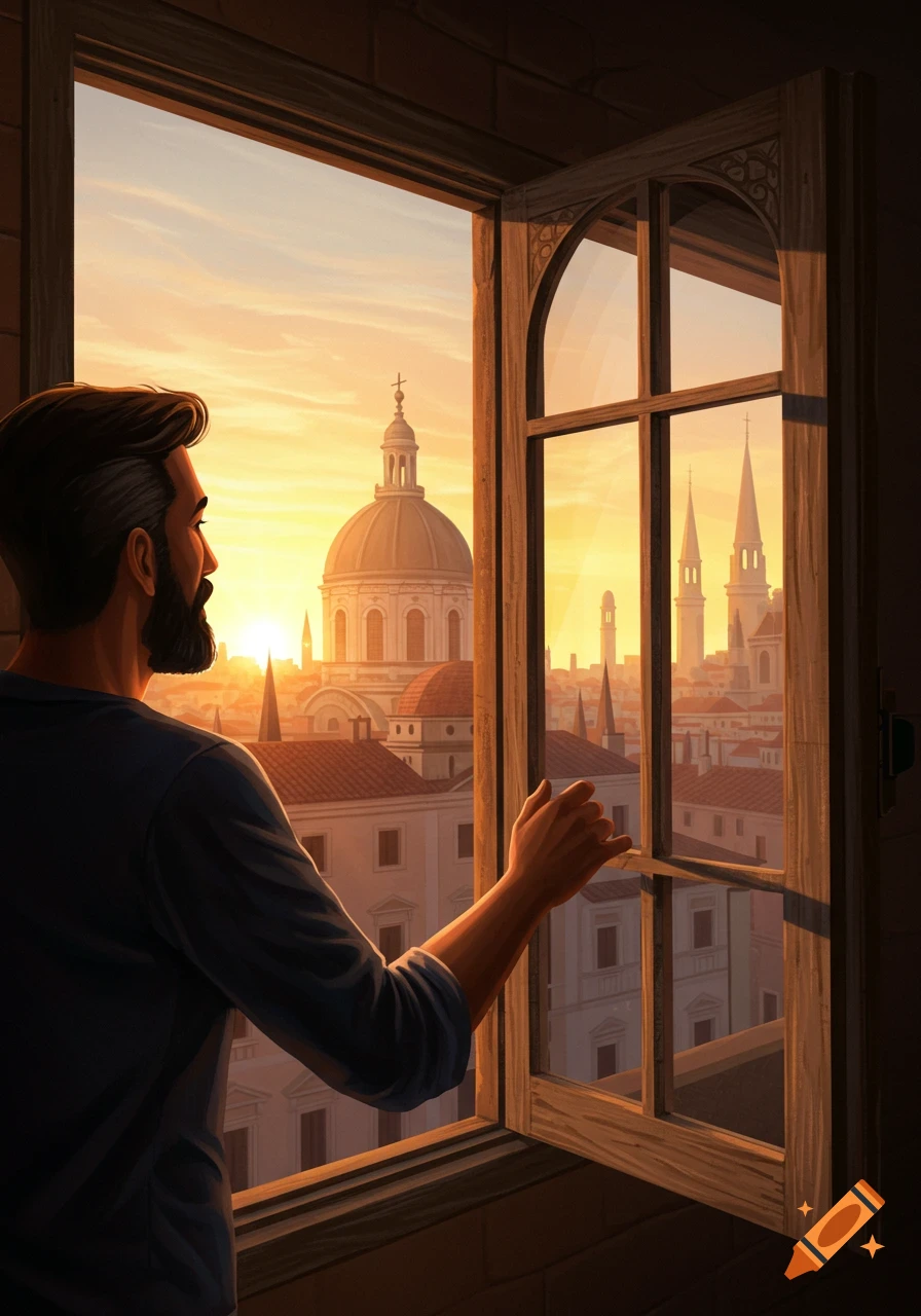 A man looks out a window at a city skyline during sunset.