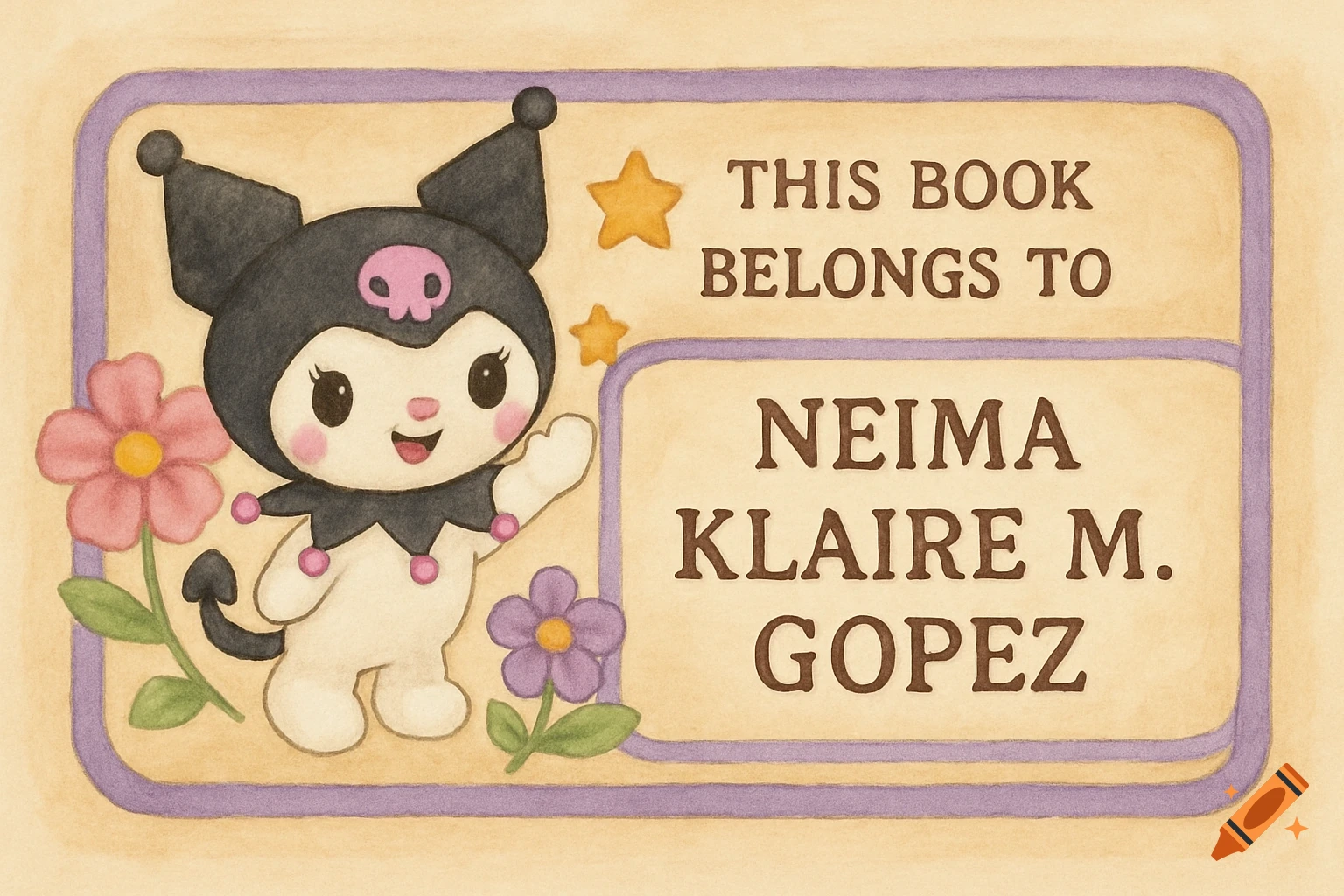 Watercolor bookplate with Kuromi character, flowers, stars, and text 'THIS BOOK BELONGS TO NEIMA KLAIRE M. GOPEZ'