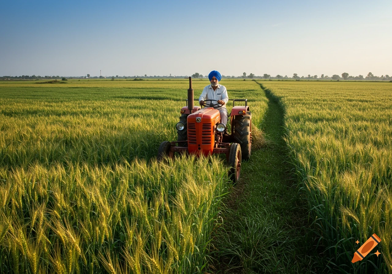 A man in a blue turban drives a red tractor through a green wheat field under a clear sky.