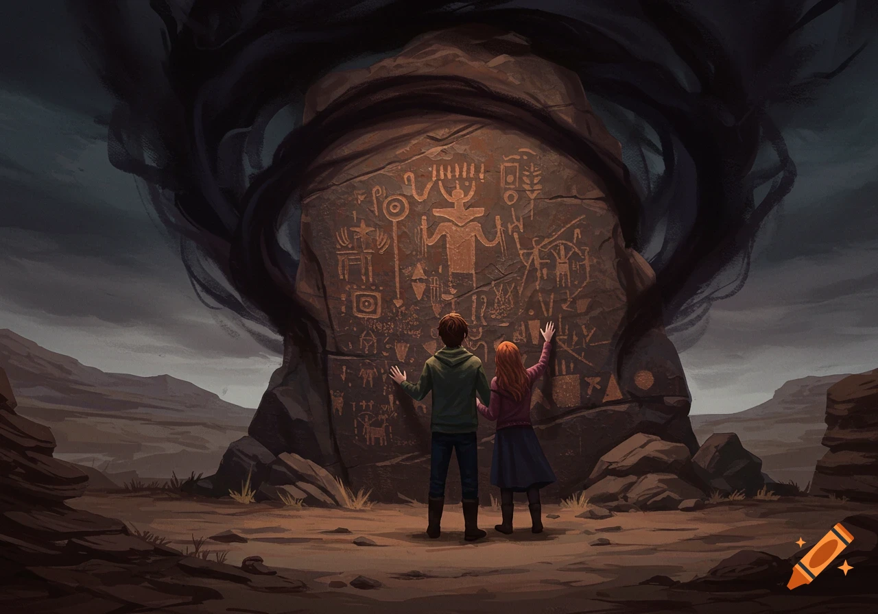 Two people touch a large rock covered in ancient symbols with dark smoke around it, in a rocky landscape illustration.