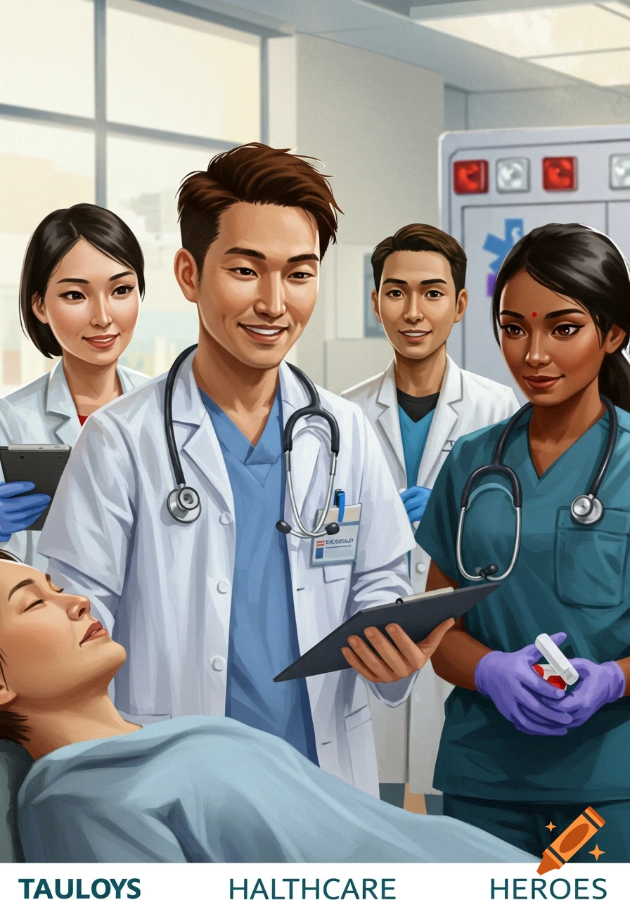 Digital illustration of diverse healthcare workers surrounding a patient in a hospital.