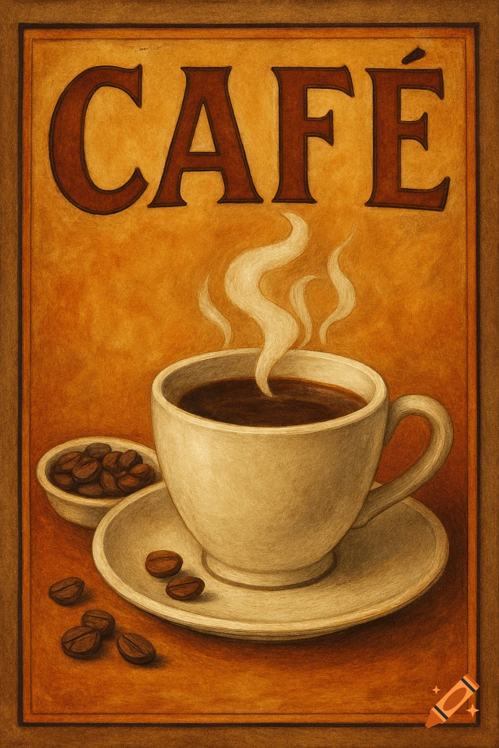 Poster art of a steaming cup of coffee and coffee beans with the word CAF R9;.