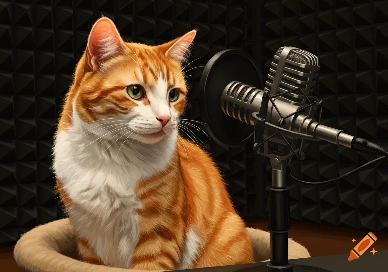 An orange and white tabby cat sits in a sound-dampened podcast studio in front of a microphone.
