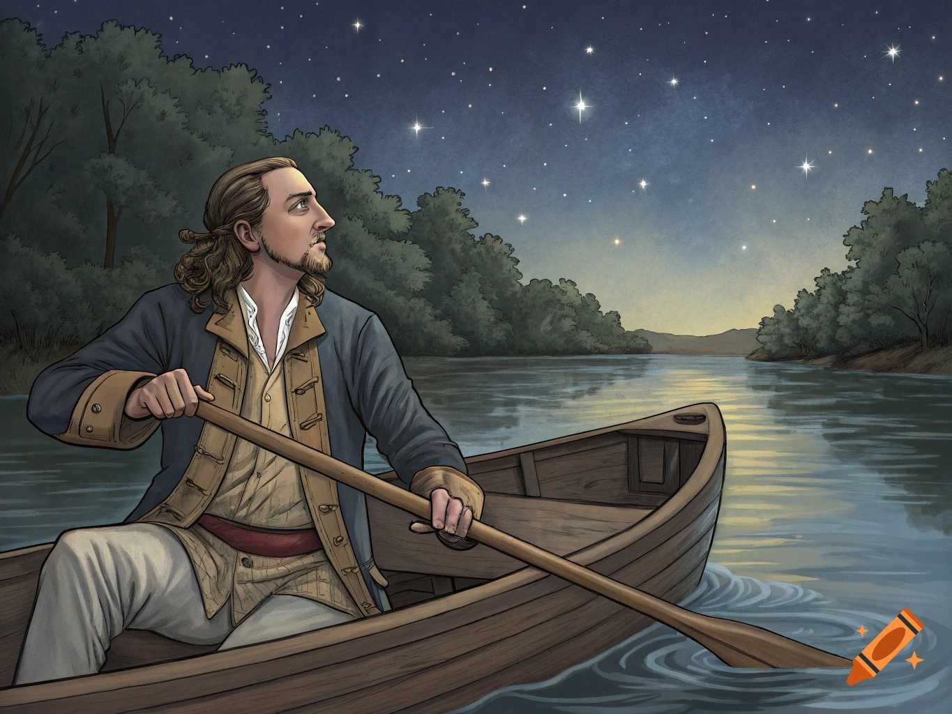 Detailed illustration of a person rowing a boat on a river at night, looking up at the stars.