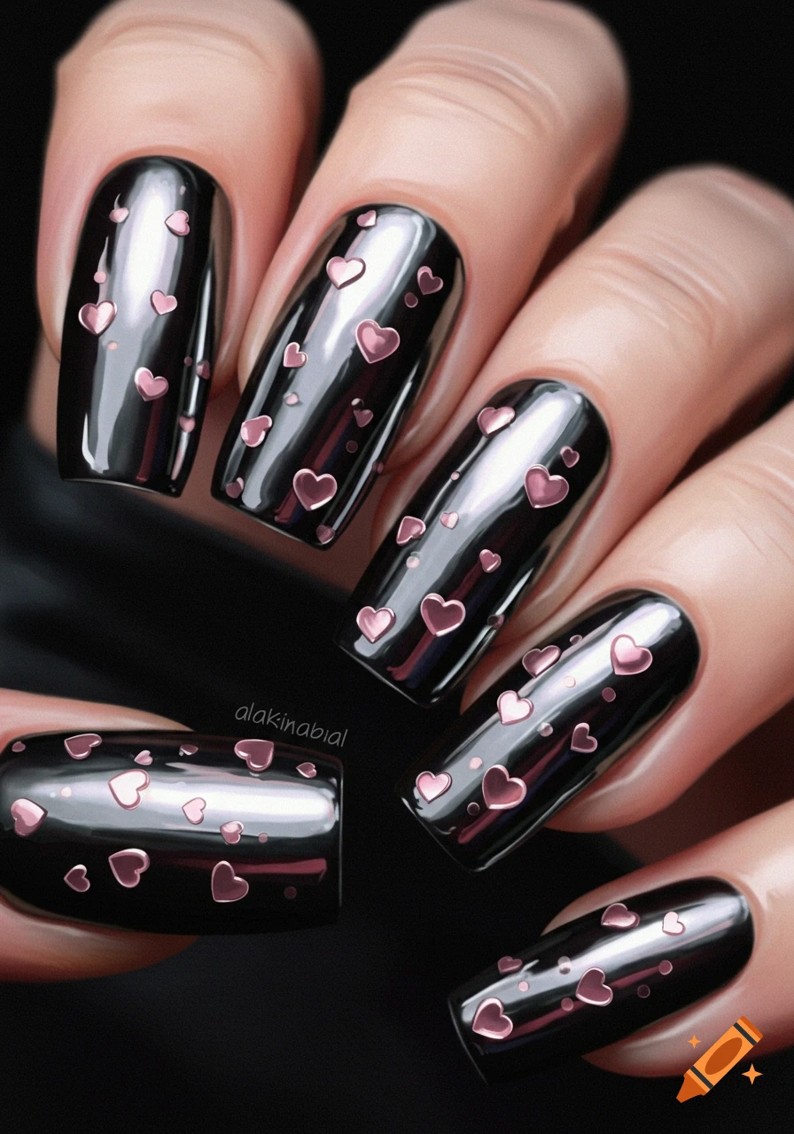 Close-up of hands with black chrome nails decorated with pink hearts.