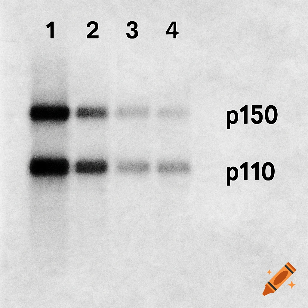 Black and white Western blot showing four lanes and protein bands labeled p150 and p110.