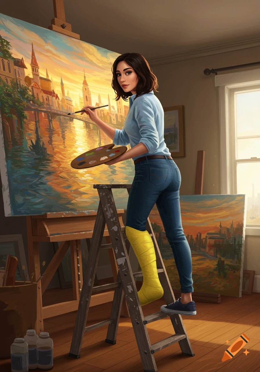 Woman artist on a ladder painting a large cityscape on canvas in a studio with one leg wrapped.