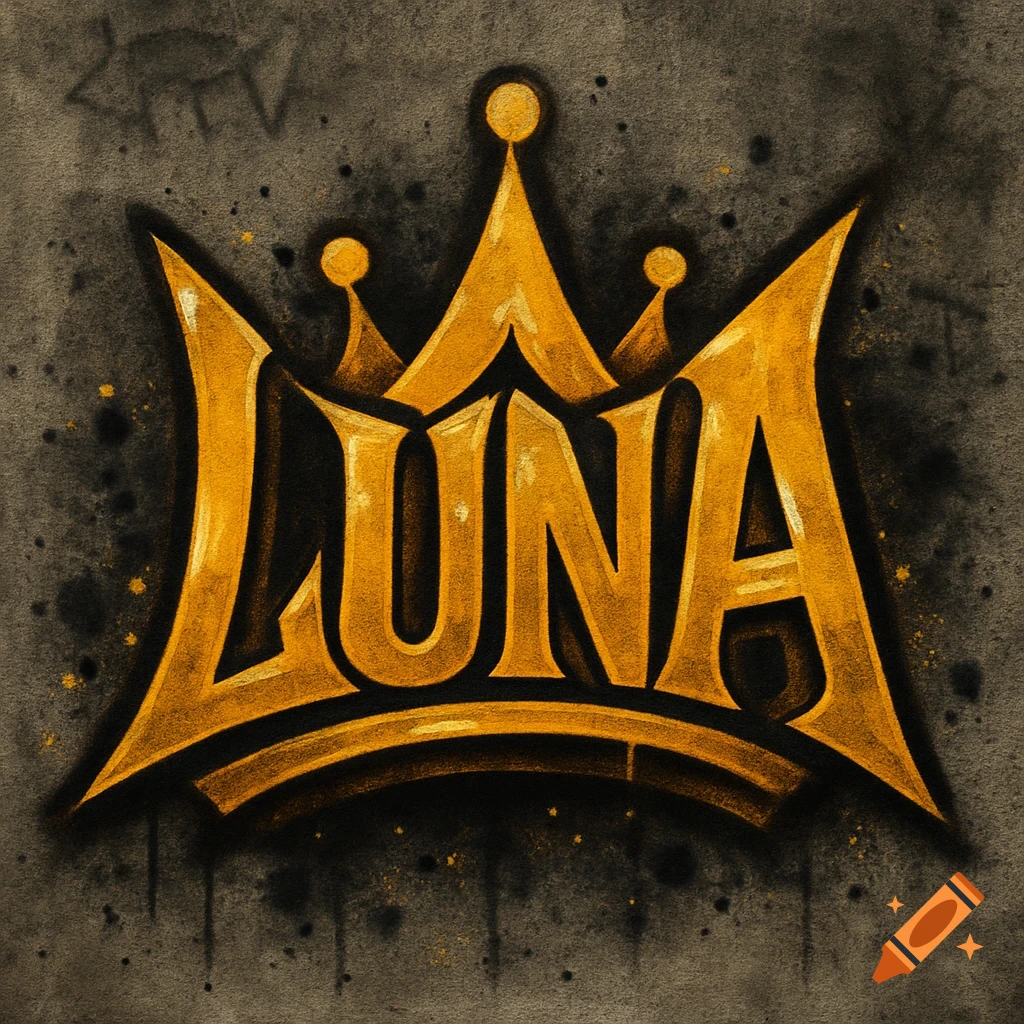 Stylized gold graffiti art of the word 'Luna' shaped like a crown.