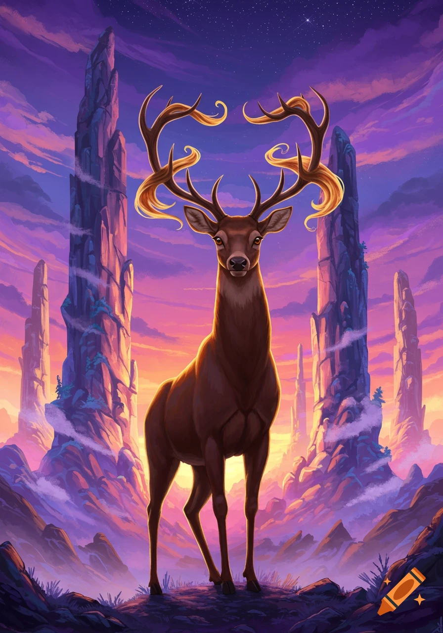 A stylized deer stands in a fantasy landscape with tall spires under a starry, colorful sky.