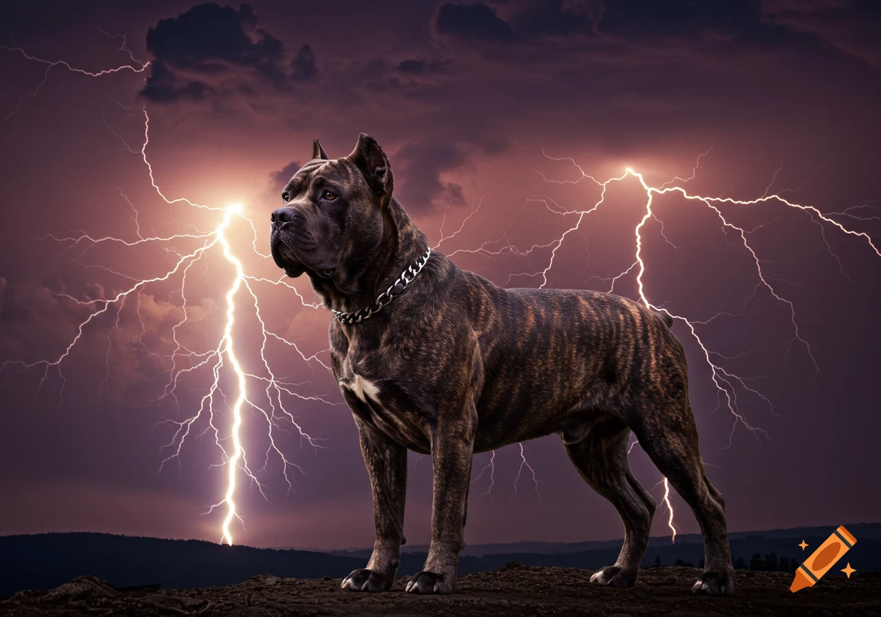 A brindle Cane Corso dog stands on a hill during a lightning storm.