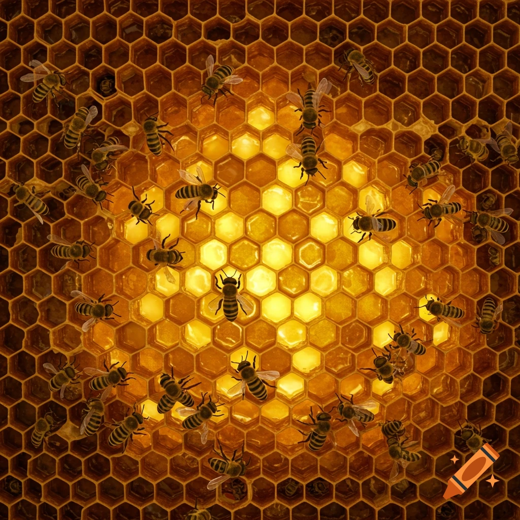 Bees are arranged on a honeycomb with a warm glowing center.