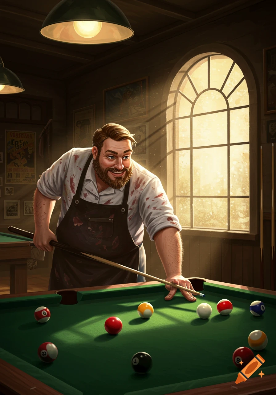 Illustration of a butcher playing 8 ball pool.