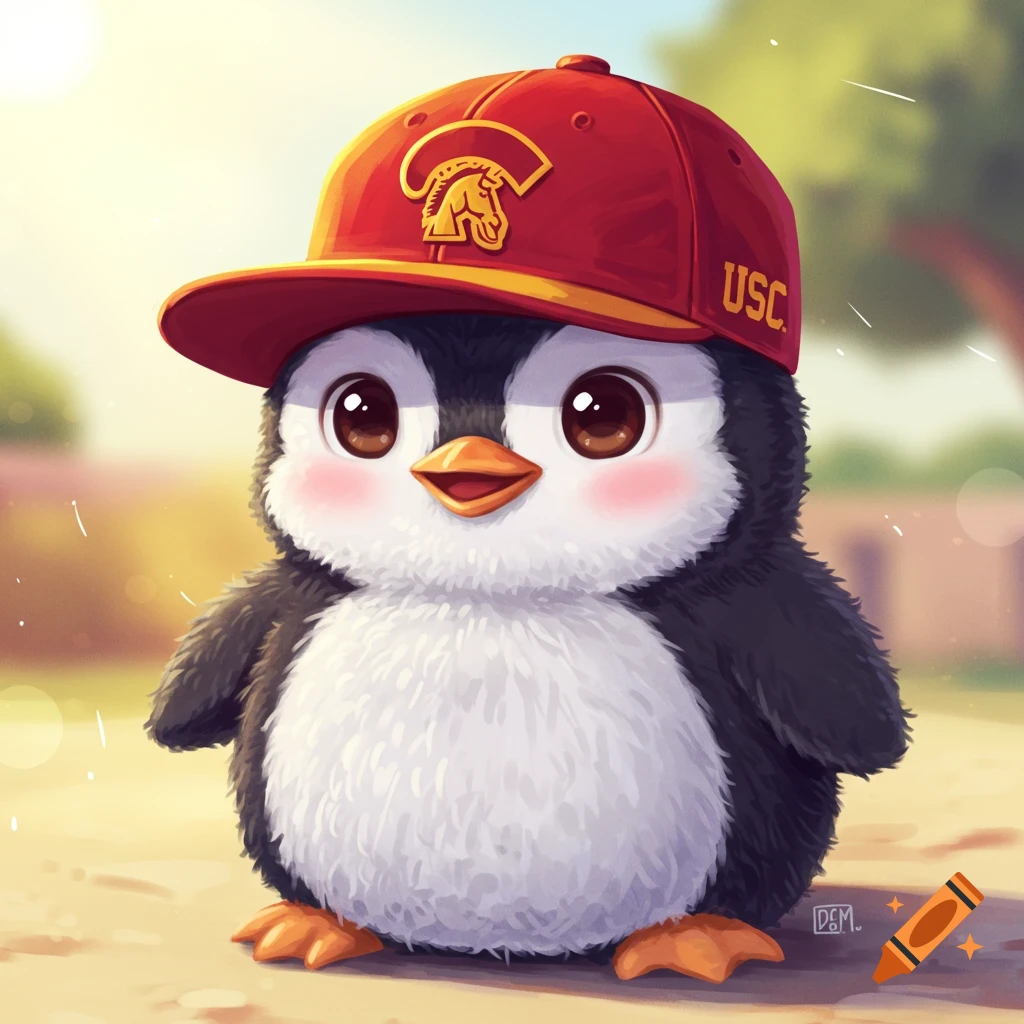 A cute cartoon penguin wears a red USC Trojans baseball cap.