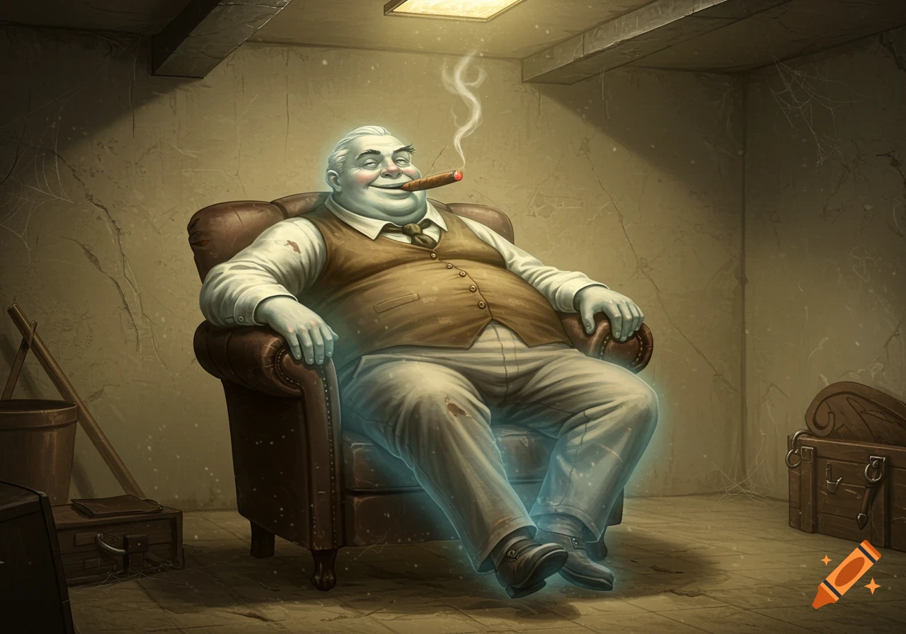 A portly ghost in a vest sits in an armchair in a dimly lit basement, smoking a cigar.