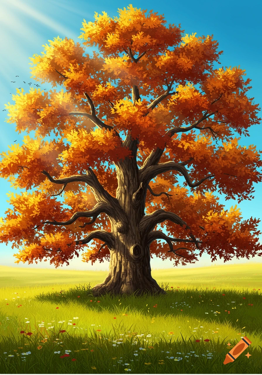 A large oak tree with vibrant orange autumn leaves stands in a sunny grassy field with wildflowers, in an illustration style.