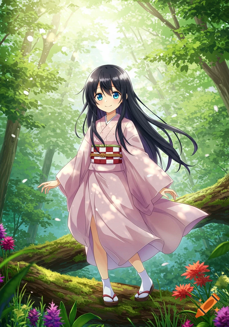 An anime girl in a pink kimono stands on a log in a sunny forest.