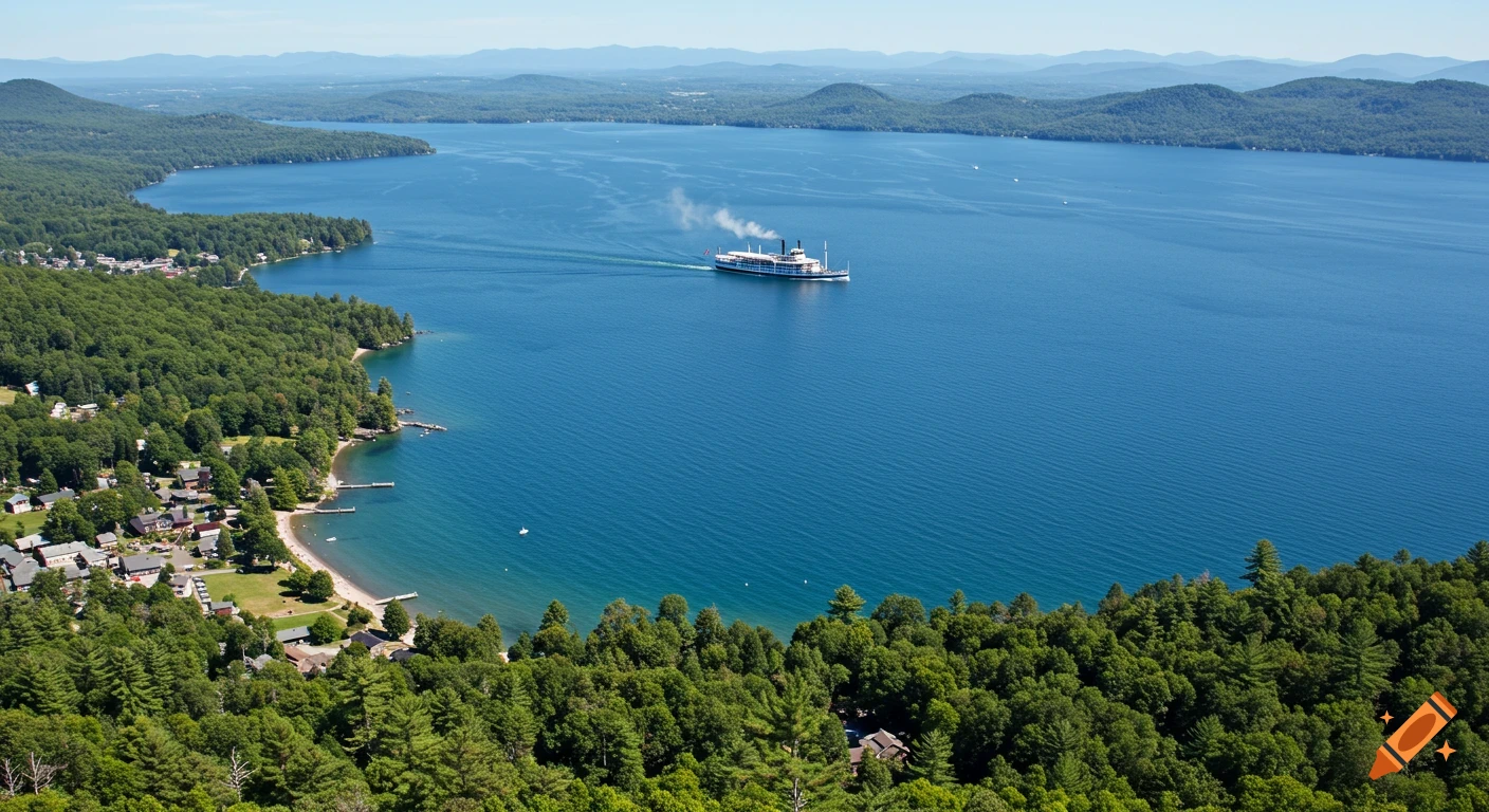 Aerial view of a steamboat on a large lake with tree-covered shores and a town.